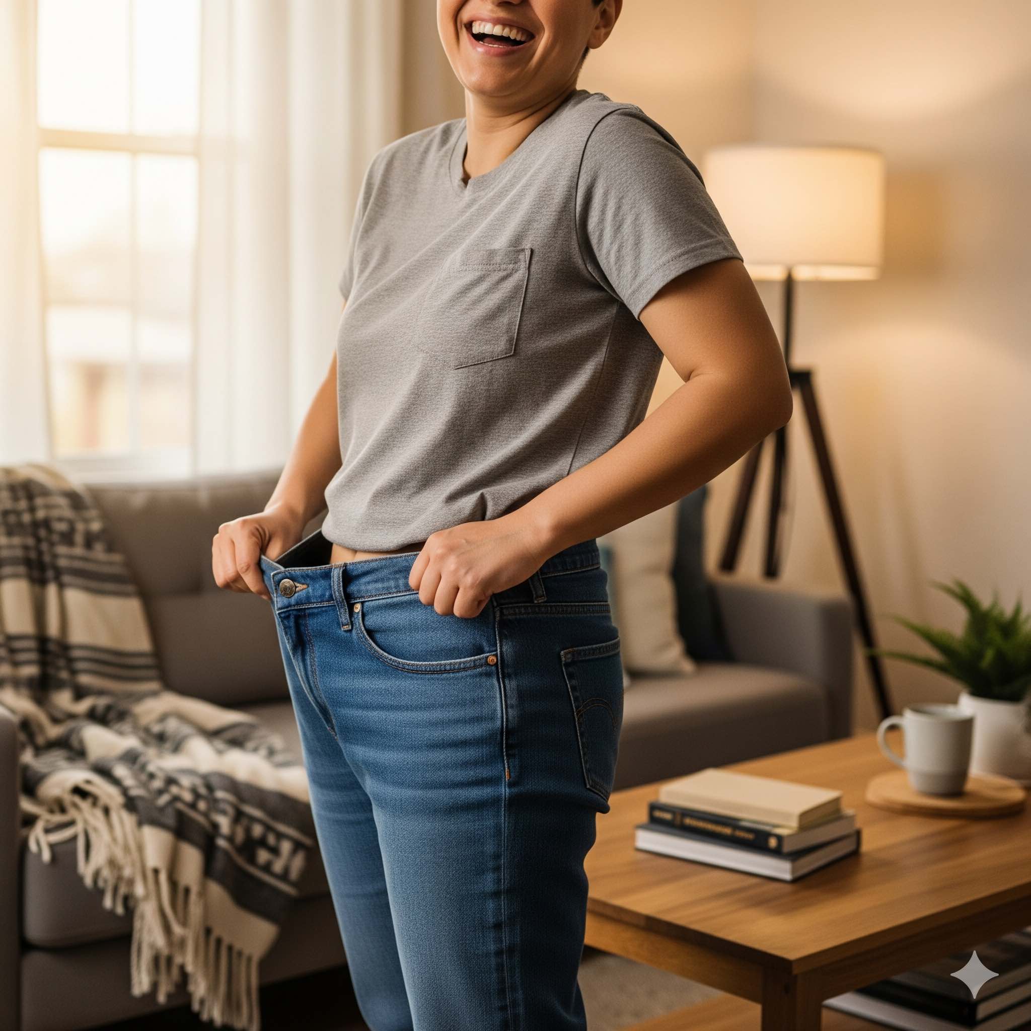 Aufgeregte Person in einem Wohnzimmer nach dem Abnehmen